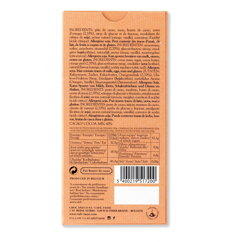 Шоколад темный (апельсин) Dark chocolate family bar with orange CAFE-TASSE, 85г