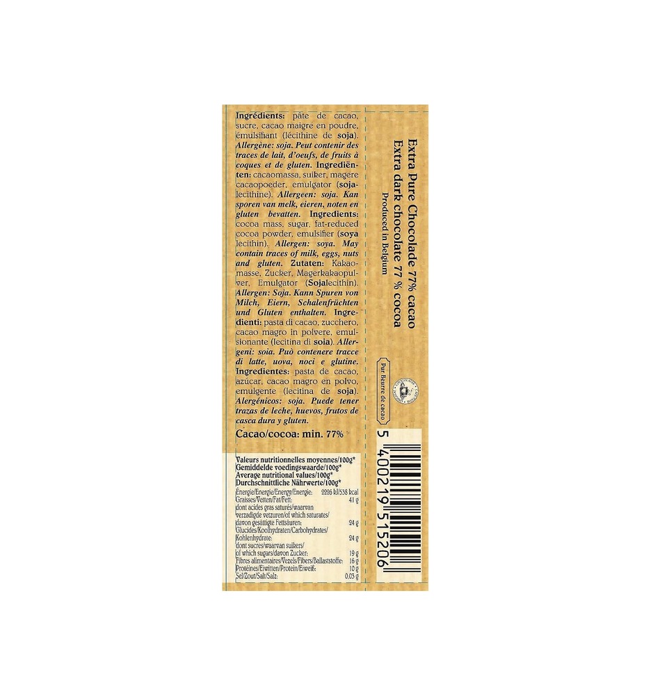 Шоколад темный Dark chocolate bar 77% Cocoa CAFE-TASSE, 45г
